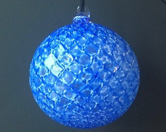 Hand Blown Glass Ornament:  Ocean Blue and White Faceted Sphere