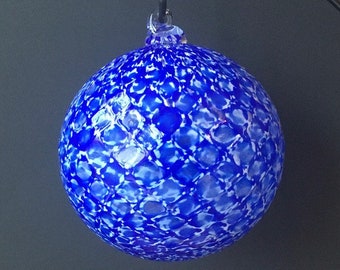 Hand Blown Glass Ornament:  Cobalt and White Faceted Sphere