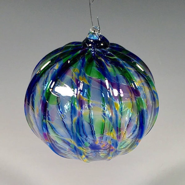 Hand Blown Glass Ornament:  Blue and Green Mix Sphere With Vertical Ribs