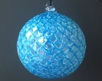 Hand Blown Glass Ornament:  Aqua and White Faceted Sphere