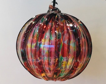 Hand Blown Glass Ornament:  Pink Mix Sphere With Vertical Ribs