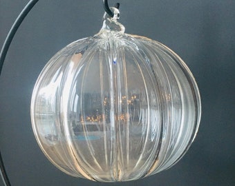 Hand Blown Glass Ornament:  Clear Sphere With Vertical Ribs