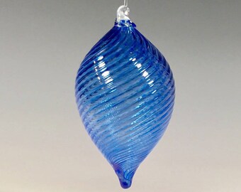 Icy Blue Vertical Stripe Hand Blown Glass Ornament