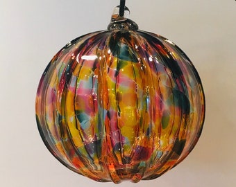 Hand Blown Glass Ornament:  Citrus Mix Sphere With Vertical Ribs