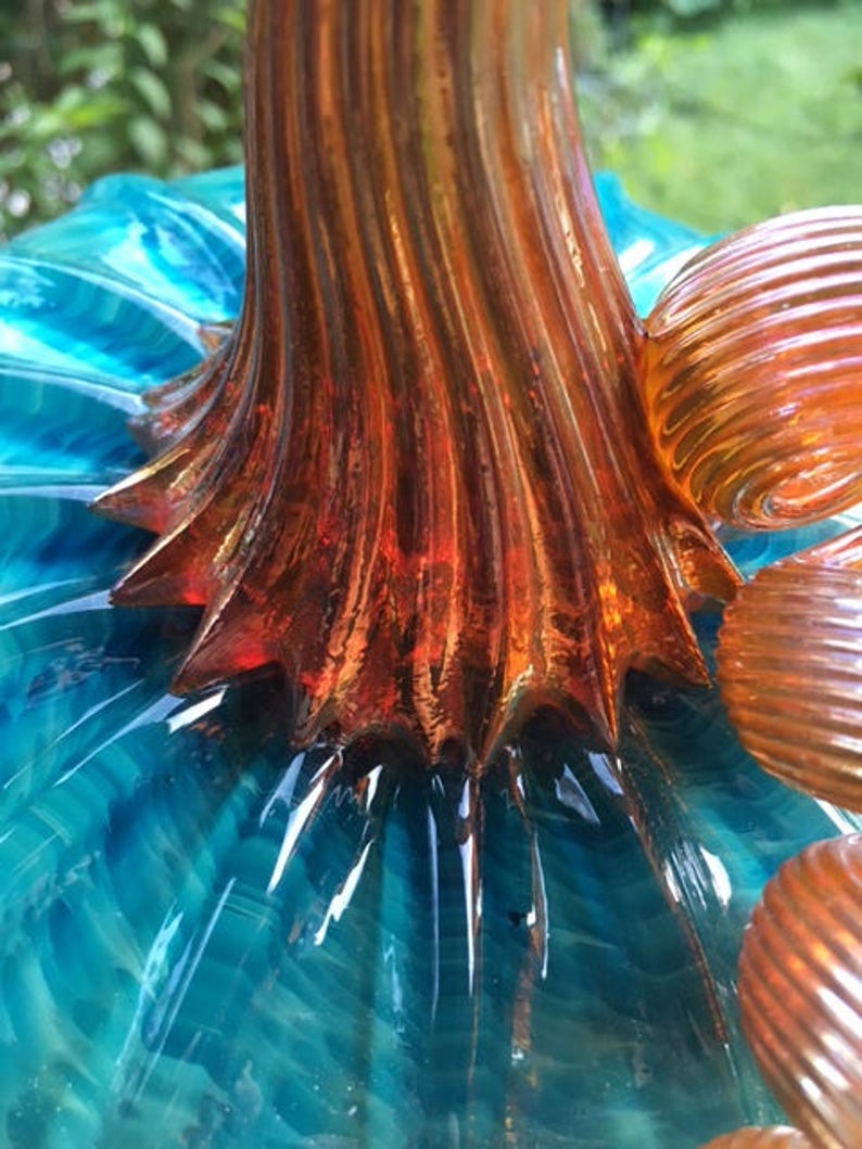 Large turquoise hand blown glass pumpkin with gold stem shown | Etsy