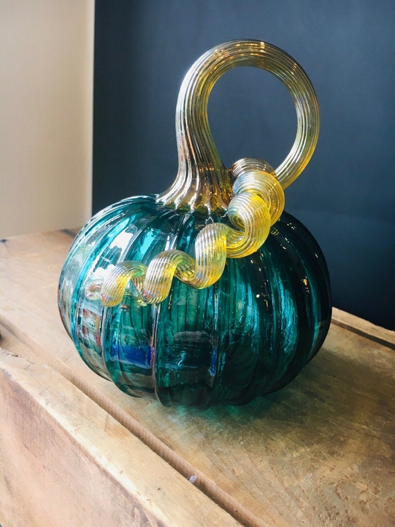 Emerald Green Jewel Tone Hand Blown Glass Pumpkin With Iridescent