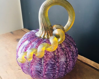 Opal purple hand blown glass pumpkin with iridescent gold stem