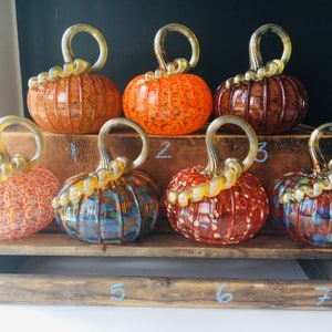 Assorted orange hand blown glass pumpkins with golden stems