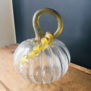 Clear round hand blown glass pumpkin with iridescent gold stem image 1