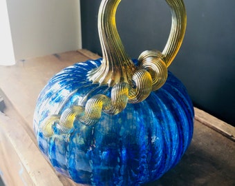 Iridescent sapphire blue hand blown glass pumpkin with iridescent gold stem