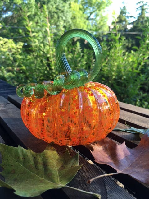 Small Bright Orange With Speckles Hand Blown Glass Pumpkin With