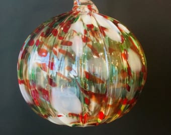 Hand Blown Glass Ornament:  Christmas Mix Sphere With Vertical Ribs