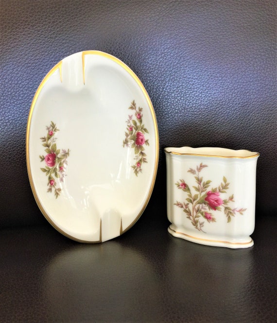 Vintage Rosenthal Porcelain Ashtray Set, Moss Rose, Gold Trim