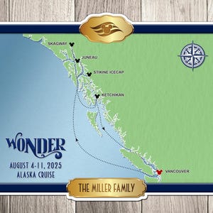 Aimant de croisière personnalisé Disney Wonder - Carte de l'itinéraire de l'Alaska avec ports - Décoration de porte de croisière personnalisée - WO_0001