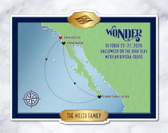 Disney Wonder Mexican Riviera Cruise Map Magnet – Personalized Cabin Door Decor – WO-0002