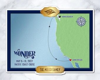 Disney Wonder Pacific Coast Cruise Map Magnet – Personalized Cabin Door Decor – WO-0009