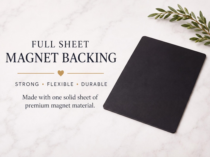 a black magnetic backing with text describing its features, such as being made with one solid sheet of premium magnet material and having a full sheet backing.