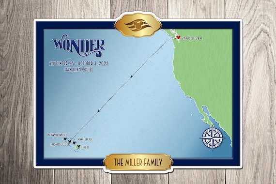 Personalized Disney Wonder Cruise Magnet – Hawaiian Itinerary Map with Ports – Custom Cruise Door Decoration - WO_0006