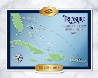 Disney Treasure Eastern Caribbean Cruise Map Magnet – Personalized Cabin Door Decor – TR-0002