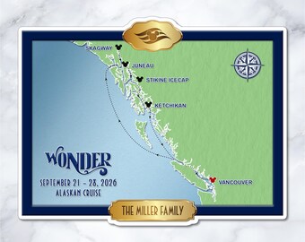 Disney Wonder Alaskan Cruise Map Magnet – Personalized Cabin Door Decor – WO-0013