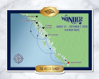 Disney Wonder Alaskan Cruise Map Magnet – Personalized Cabin Door Decor – WO-0012