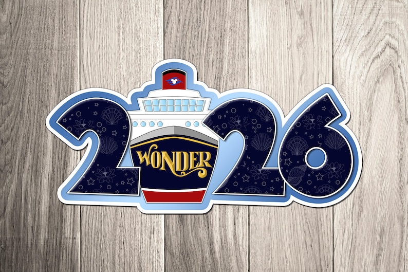 A sticker with the text "Wonder 26" and a ship graphic, representing the year "2026".