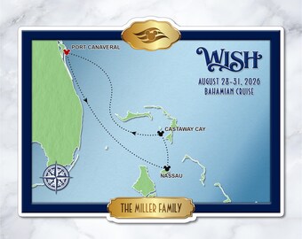Disney Wish Bahamian Cruise Map Magnet – Personalized Cabin Door Decor – WI-0013