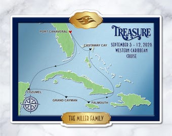 Disney Treasure Western Caribbean Cruise Map Magnet – Personalized Cabin Door Decor – TR-0001