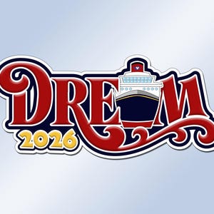 a large, stylized logo with the word "DREAM" prominently displayed. The logo also includes a depiction of a cruise ship, adding a maritime theme to the design.