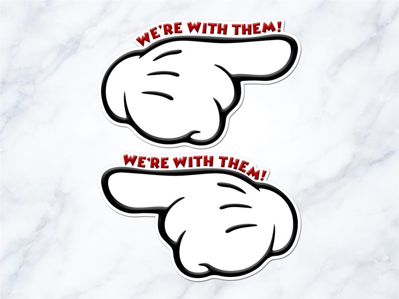 two cartoon-style hand pointing stickers with the text "We're with them!" written above them.