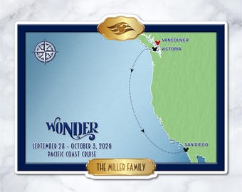 Disney Wonder Pacific Coast Cruise Map Magnet – Personalized Cabin Door Decor – WO-0014