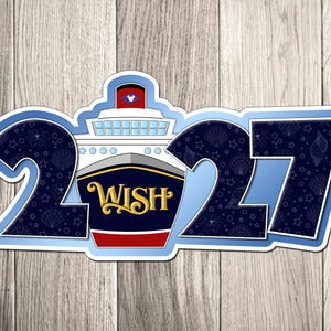 A sticker or logo featuring a cruise ship and the text "WISH" in a stylized design.