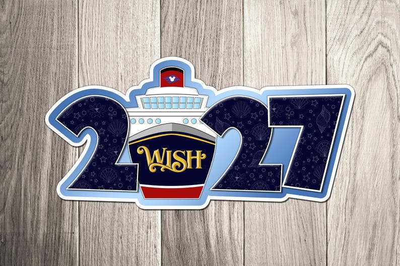 A sticker or logo featuring a cruise ship and the text "WISH" in a stylized design.