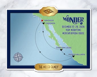 Disney Wonder Mexican Riviera Cruise Map Magnet – Personalized Cabin Door Decor – WO-0006