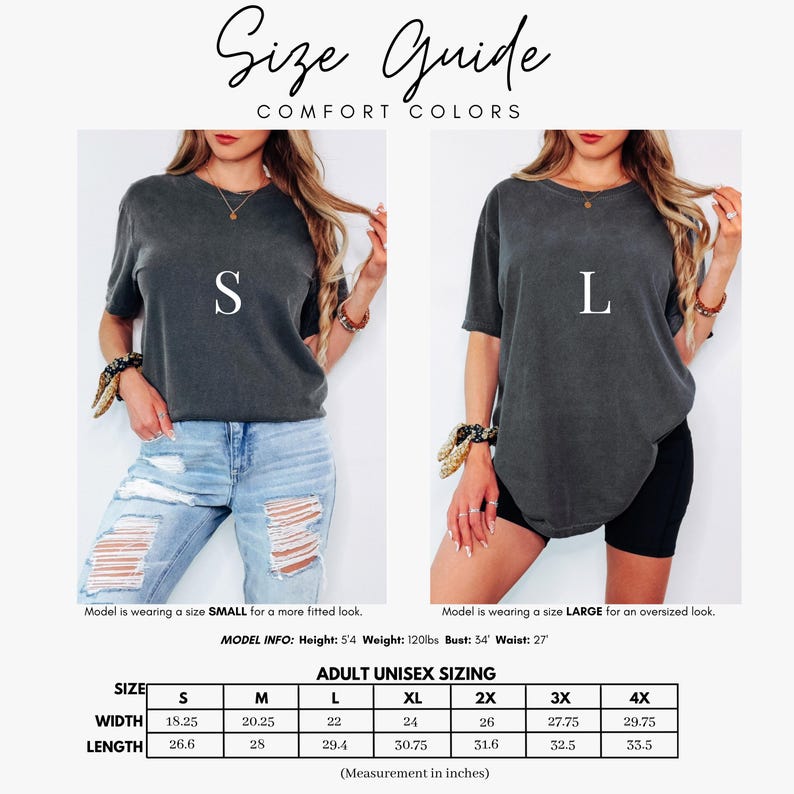 Może przedstawiać: Przewodnik po rozmiarach dla koszulek unisex Comfort Colors dla dorosłych. Obraz przedstawia dwa modele noszące r&oacute;żne rozmiary koszulek. Tabela rozmiar&oacute;w zawiera wymiary w calach dla szerokości i długości, od S do 4X. Tekst zawiera r&oacute;wnież informacje o modelu: wzrost 163cm, waga 54kg, biust 86cm, talia 69cm.
