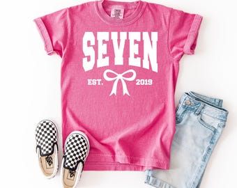 Seven Shirt, Kid's Comfort Colors Shirt, Coquette Birthday Shirt, 7th Birthday Girl, 7th Birthday Shirt, Est. 2019, 7th Birthday Outfit
