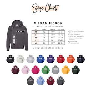 May include: A size chart for Gildan 18500B youth hooded sweatshirts. The chart includes chest and length measurements in inches for sizes XS to XL. The image also displays a variety of sweatshirt colors, including black, white, and navy.