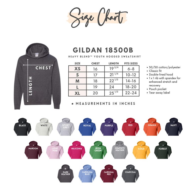 May include: A size chart for Gildan 18500B youth hooded sweatshirts. The chart includes chest and length measurements in inches for sizes XS to XL. The image also displays a variety of sweatshirt colors, including black, white, and navy.