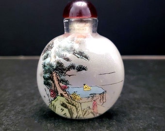 Chinese Glass Snuff Bottle Reverse Painted Landscape Riverbank Vintage Antique