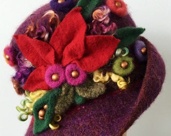 Felted Wool Hat with Flowers, Art Deco Hat, Plum Felted Hat, Downton Abbey Hat, Felt Cloche Hat
