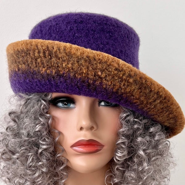 Winter Felted Wide Brim Hat in any colors, Women’s Purple Felted Hat, Ladies Felt Cloche, Handmade Unique Felted Hat