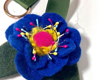 Cobalt Blue Handmade Felted Flower Bookmark, Brooch, or Purse: Upcycled Wool Flower