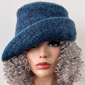 Women’s Teal Tweed Felted Wool Cloche Hat with 3&quot; Wide Curled Brim, Stylish Winter Hat, Handmade in your Size and Color