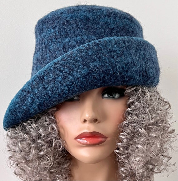 Teal Tweed Felted Wool Cloche Hat: Handmade Winter Hat With  display picture 3