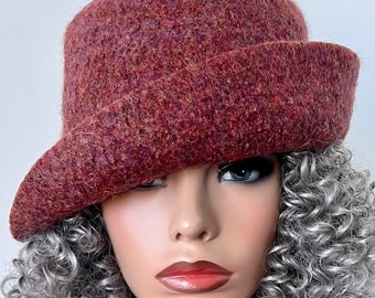 handmade Spicy Brown Felted Wool Cloche Hat - Tweed Curved Brim (22.5-23")