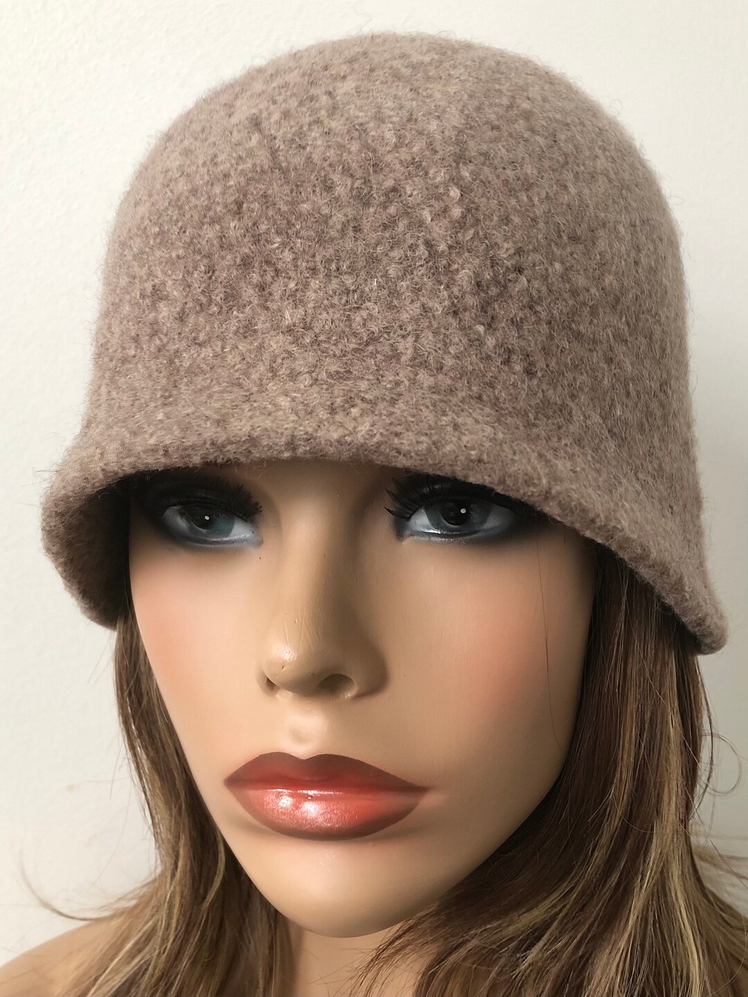 Custom taupe brown white pink wool cloche hat Merino Wool Taupe Cream Brown Cloche Hat Ooak Felted  main image 4