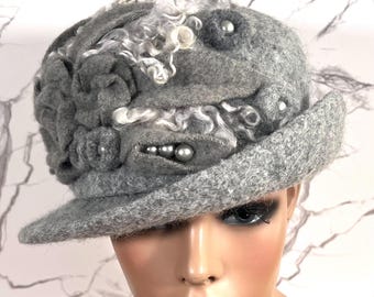 Hand Felted Wool Cloche Hat Regine’s Holiday Valley Fibers Artisan Gray Winter Handmade Grey Felted Cloche Hat: 1920s Style With Rose - Etsy main image 4
