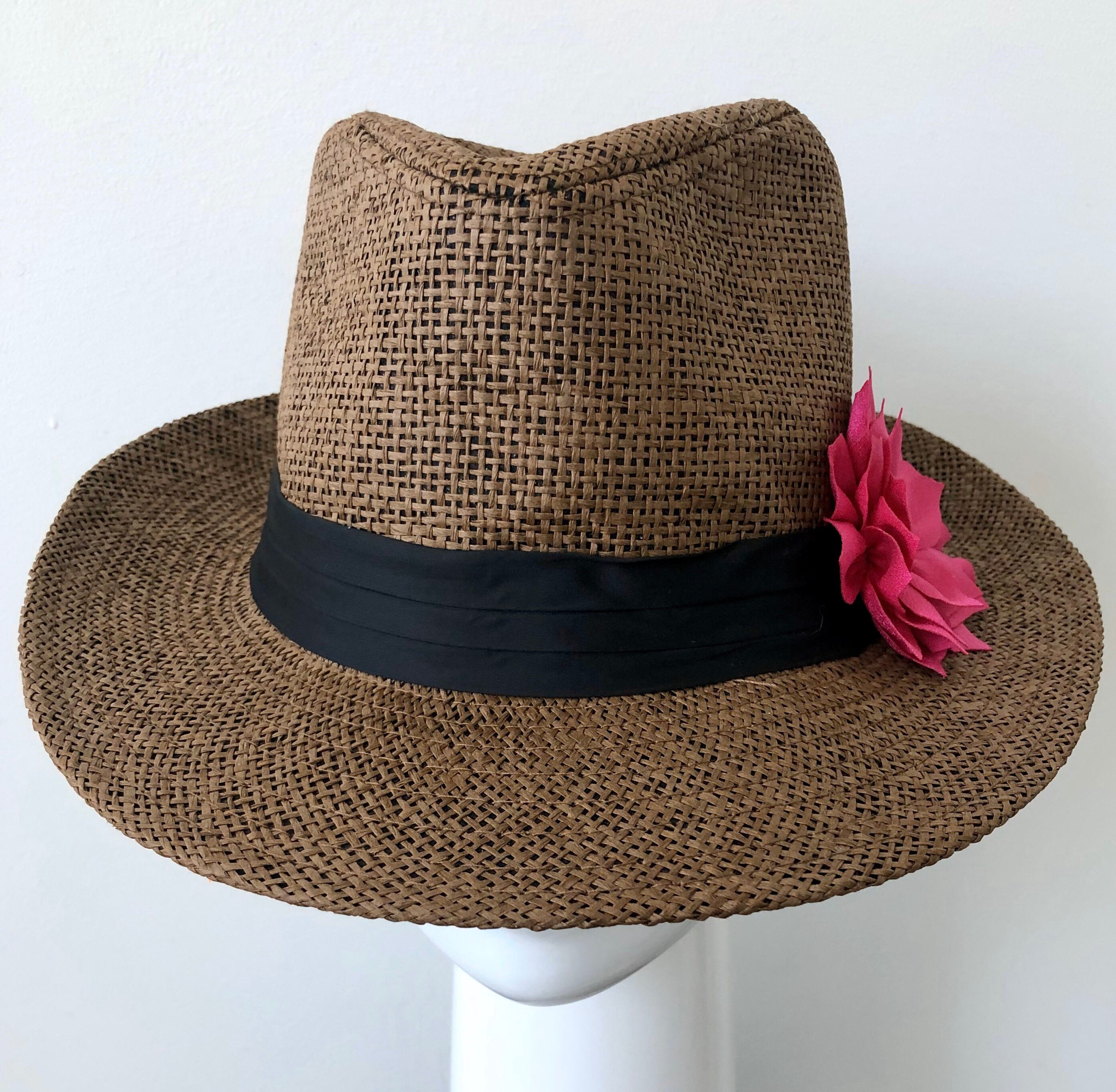 Brown Panama Hat With Pink Flower Straw 
