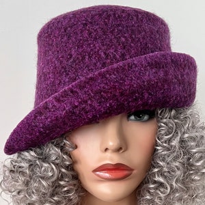 women’s Purple Tweed Felted Hat with Curled Brim, Wool Cloche, Minimalist Hat, fits sizes 22.5” up to 23” Hat Ready to Ship