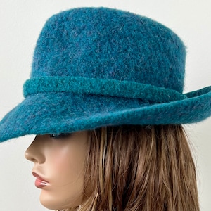 Teal Wide Brim Fedora Hat, Felted Fedora Hat, Boho Fedora Hat